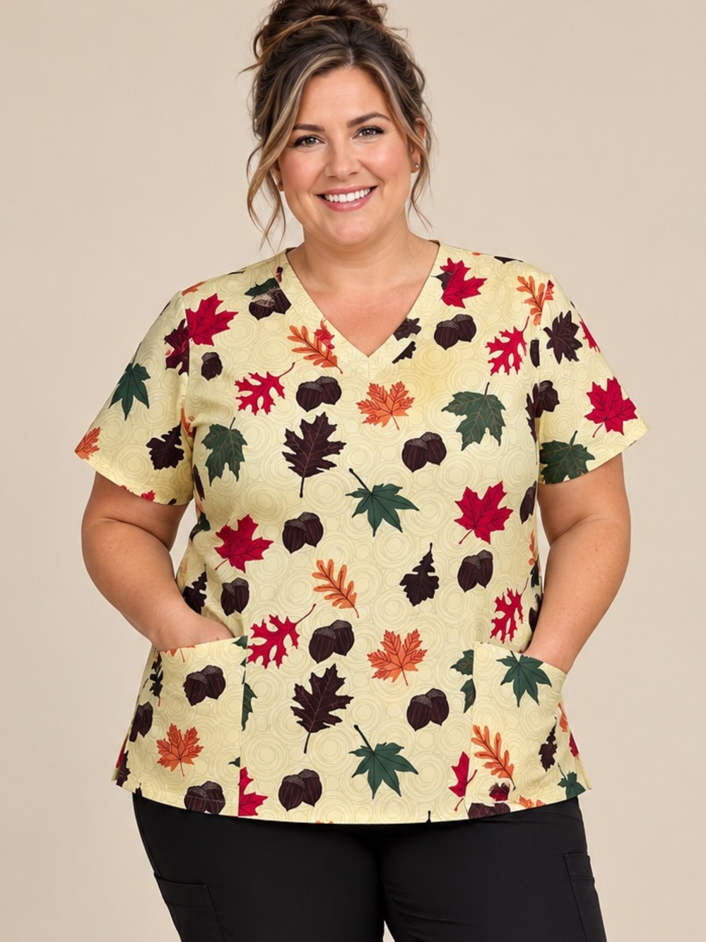 Women’s 3X Fall Leaves & Acorn Print Natural Uniforms Scrub Top